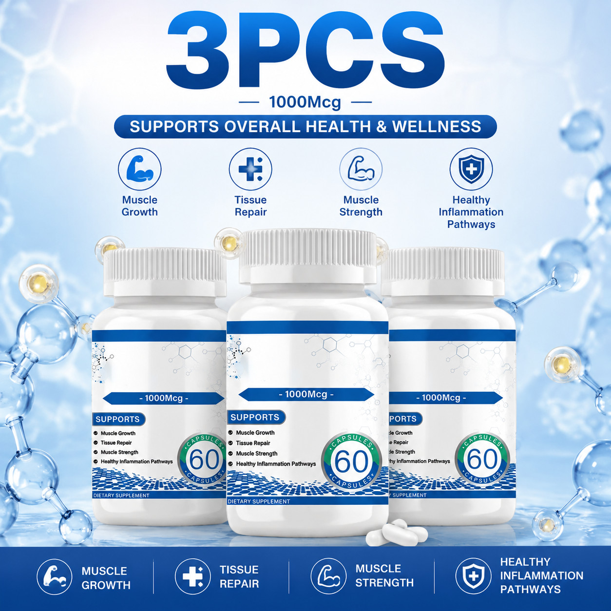 3PCS BCP-157Collagen Peptides 1000 Mcg Sports Fitness Muscle Recovery Supply
