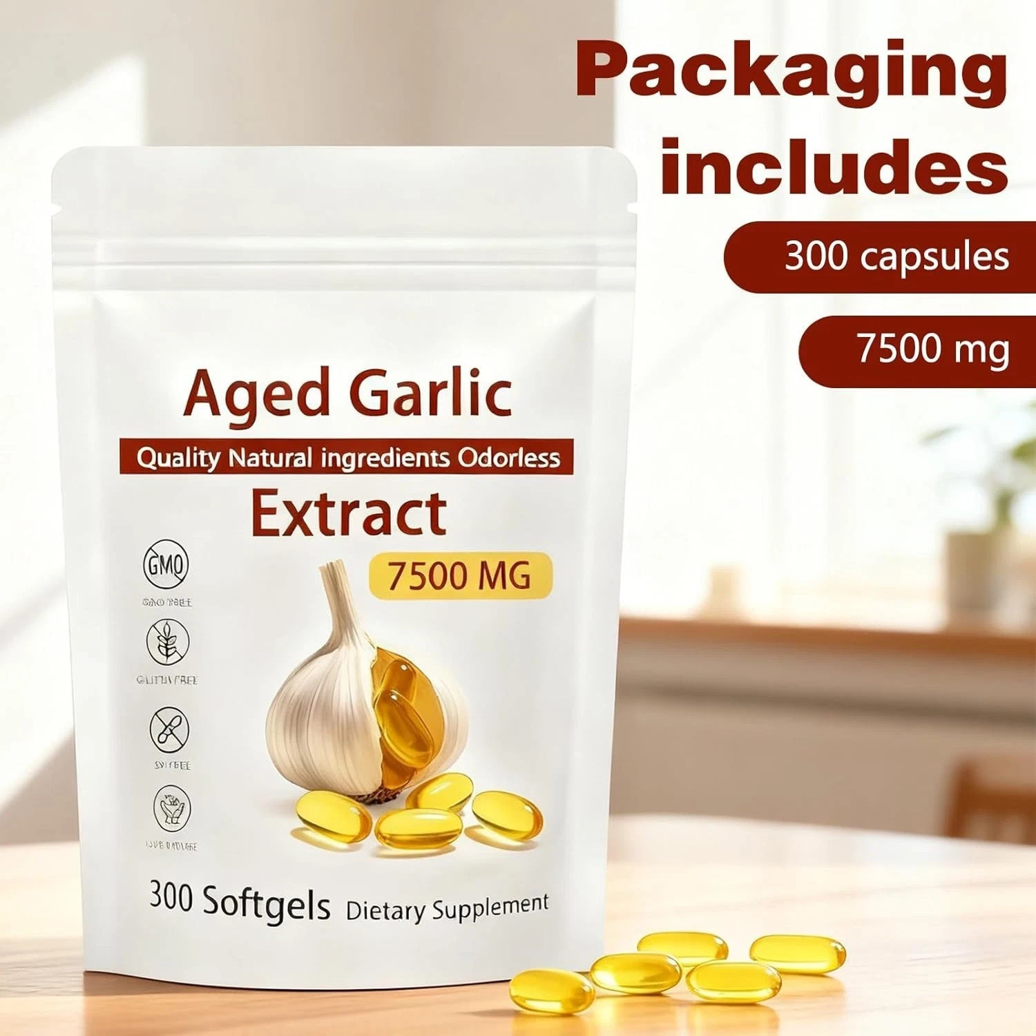 Odorless Garlic 7500mg Per Servings, 300 Softgels | 2 Years Aged Garlic Extra
