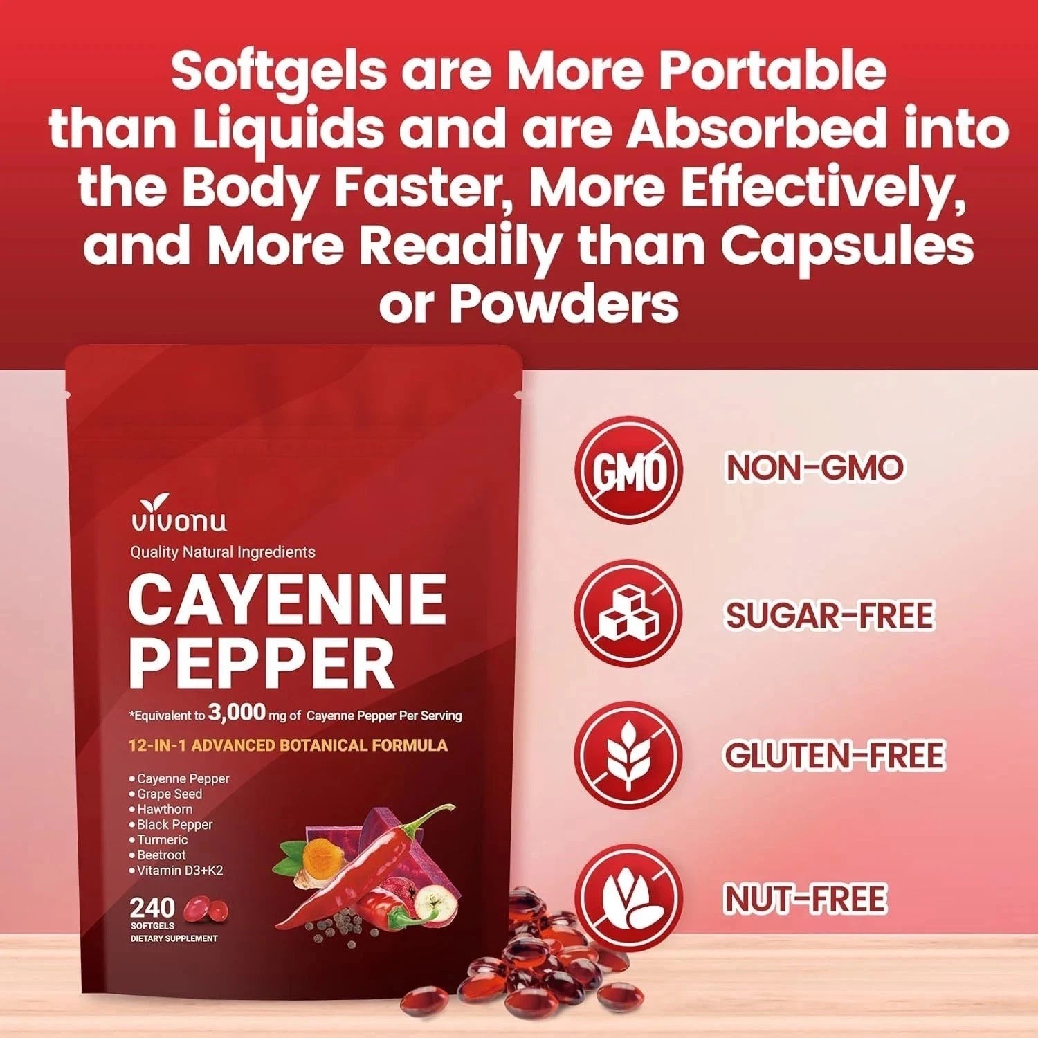 VivoNu Cayenne Pepper Softgels Supplement – 240 Capsules NEW FREE SHIP
