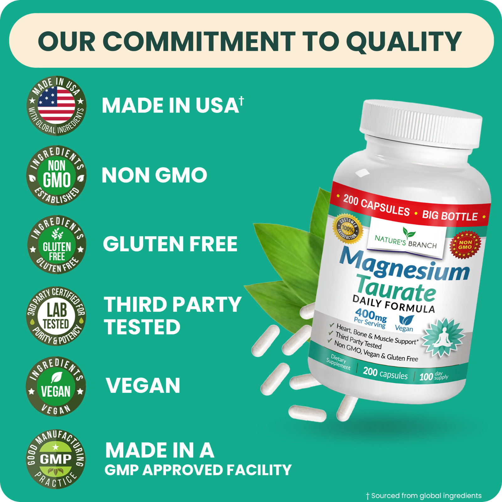 MAGNESIUM TAURATE 400 MG – 200 Casules – High Absorption | Non-GMO | Made in USA