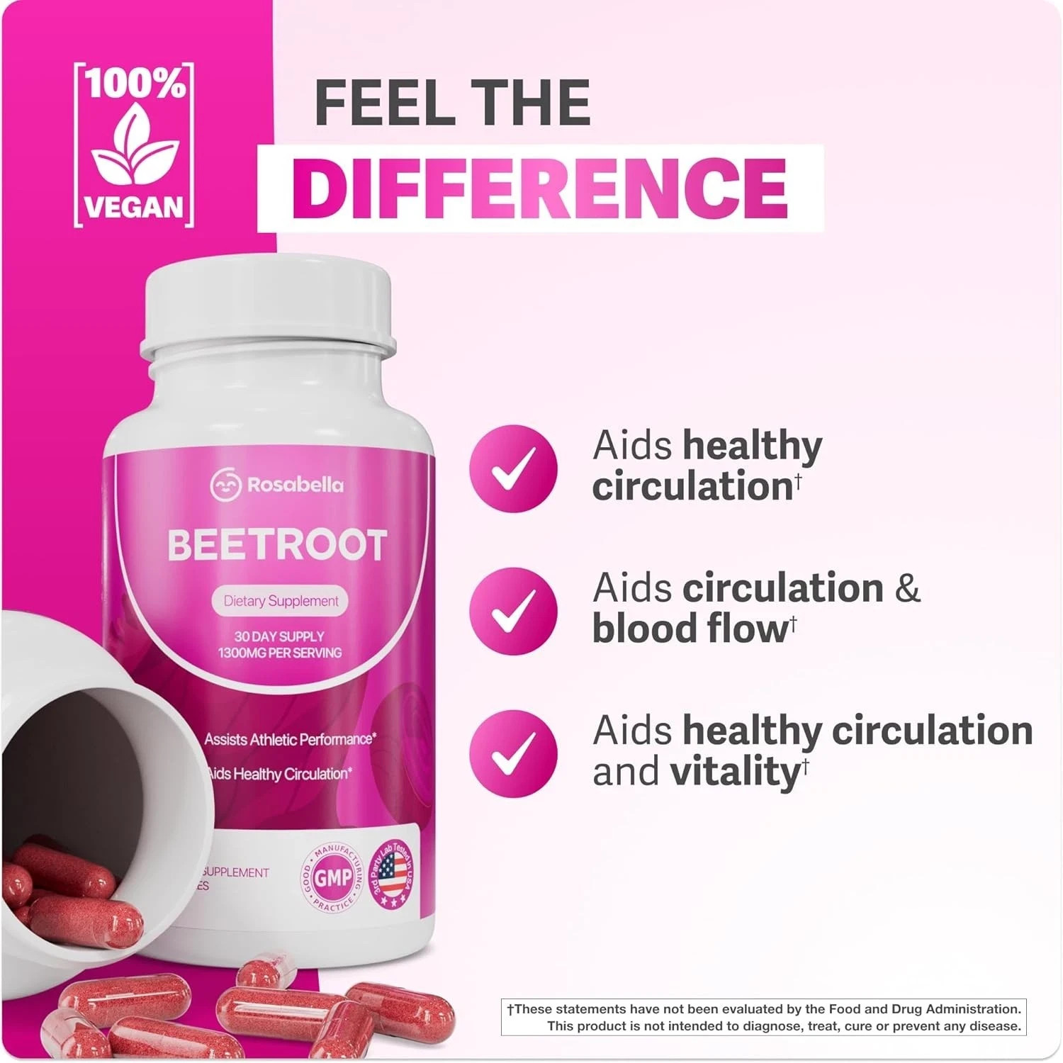 60ct Rosabella 1300mg Organic Beetroot Capsules Heart & Circulation Support USPS