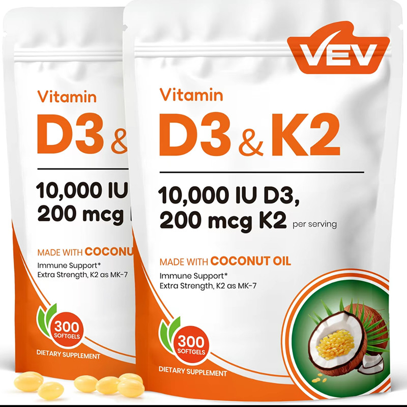 VEV Vitamin D3 K2 10000 IU Softgels 300 Count Including Virgin Coconut Oil 100mc