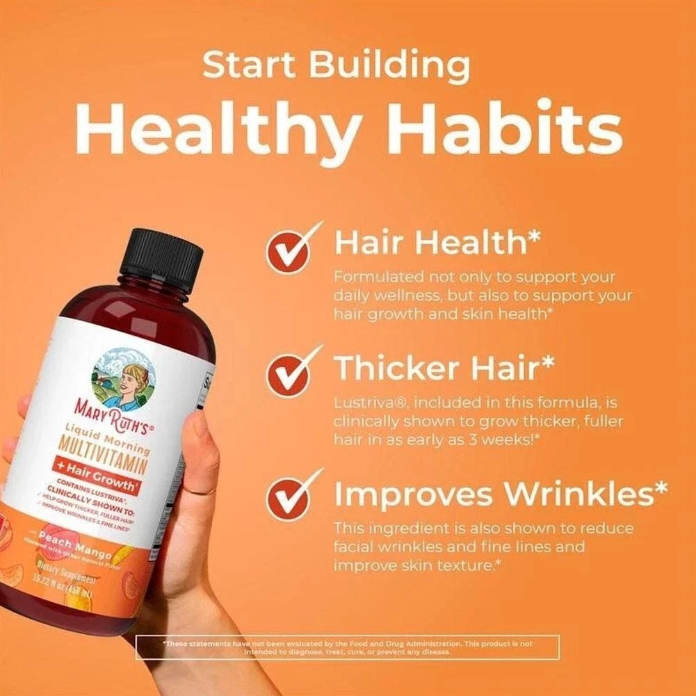 MARYRUTH’S Liquid Morning Multivitamin + Hair Growth, Peach Mango, 30oz. Ex.7/27