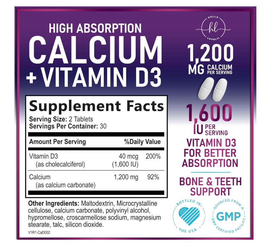 Calcium 1200mg per Serving with Vitamin D3 Bone Teeth Health Supplement 60 Tabs