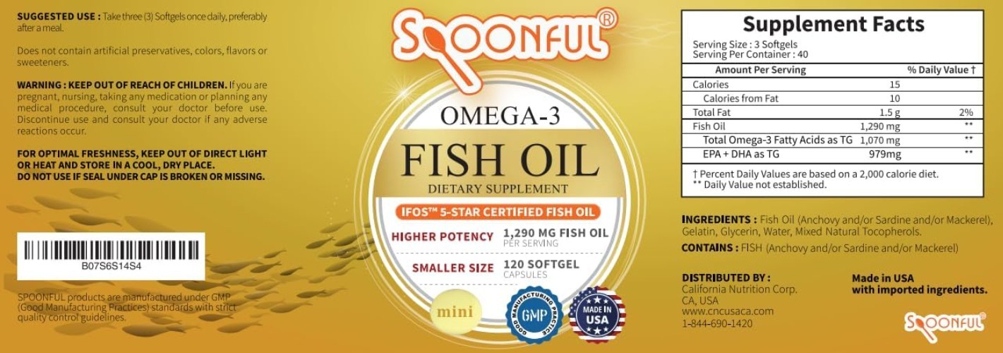 Easy-to-Swallow iFOS Certified Mini Omega 3 Fish Oil, 120 Softgels for Wellness