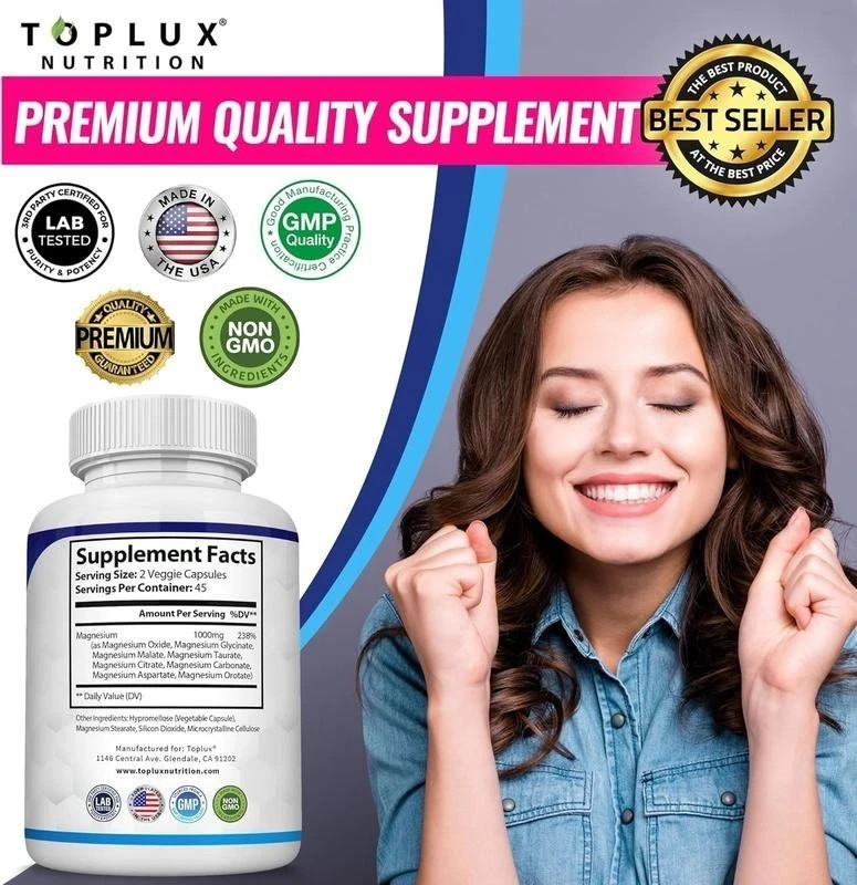 Magnesium Complex Supplement 1000mg 8 Types Magnesium Blend, 90 Capsules