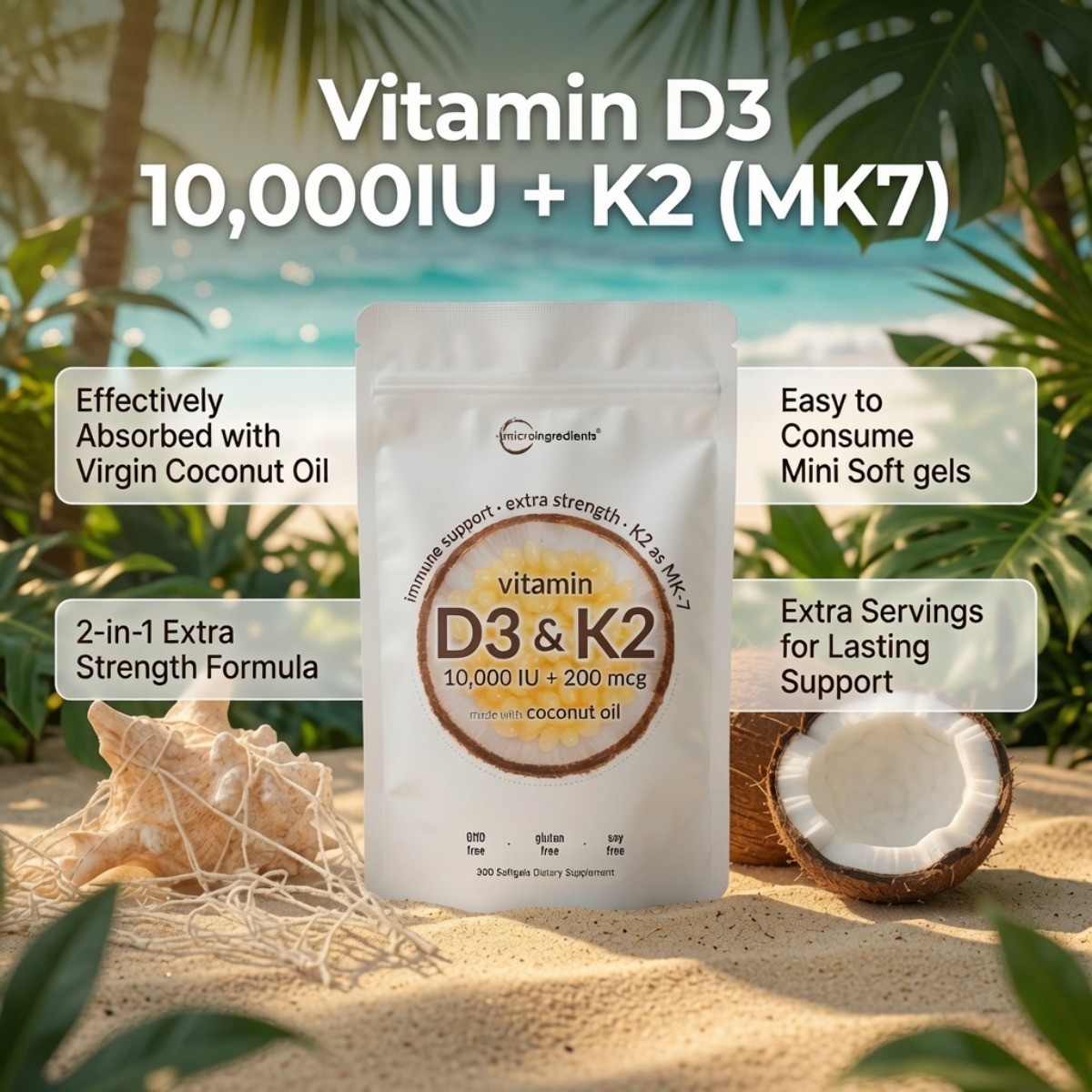 Micro Ingredients Vitamin D3 10000 IU K2 MK7 Softgels with Coconut Oil, 300ct