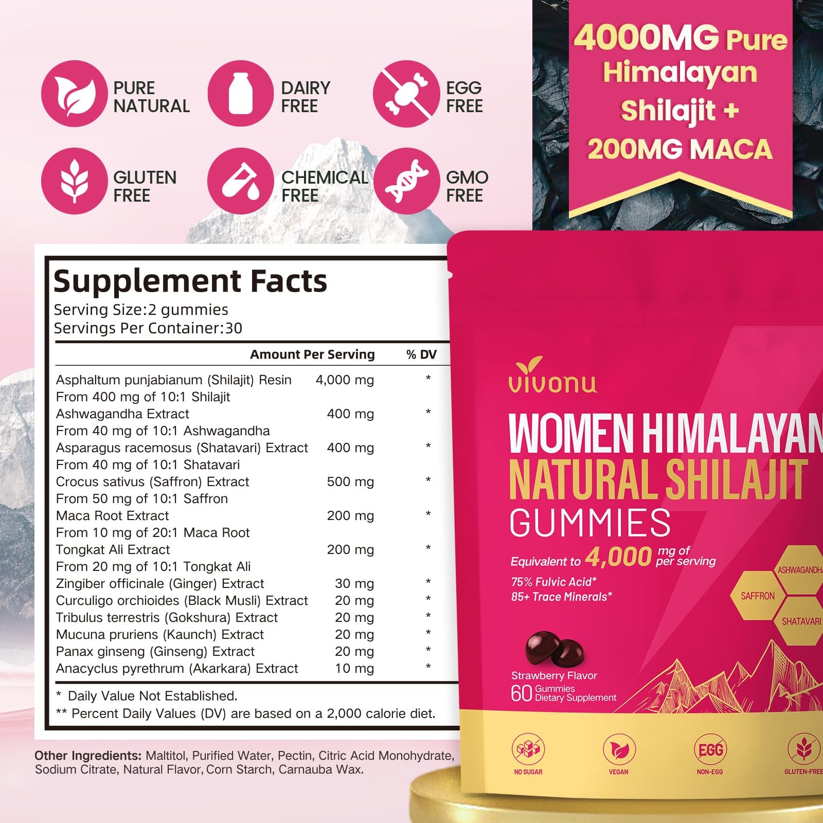 Himalayan* Shilajit* Gummies with 60 Count (Pack of 1), .Pink