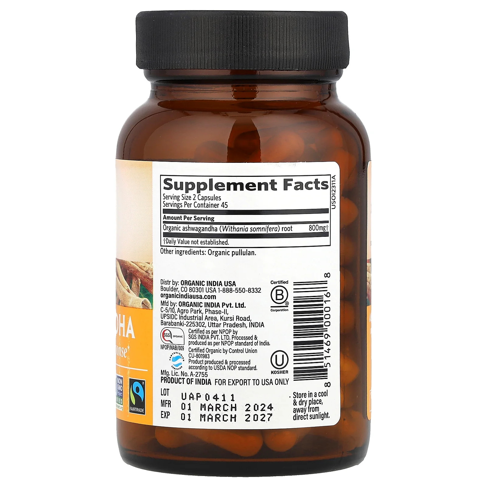 2 X Organic India, Ashwagandha, 90 Vegetarian Caps (400 mg per Capsule)