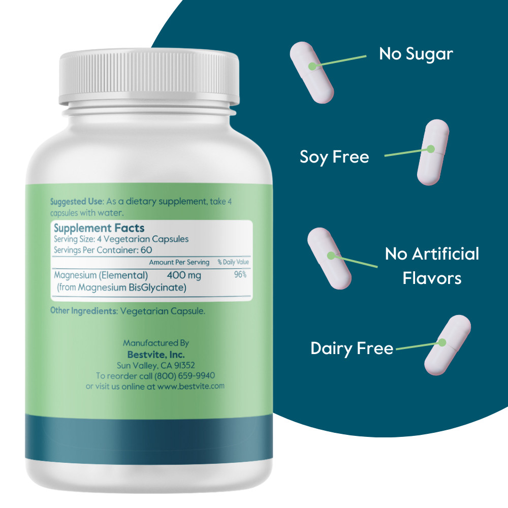 Magnesium Glycinate 400mg (240 Vegetarian Capsules)-No Stearates- Non GMO