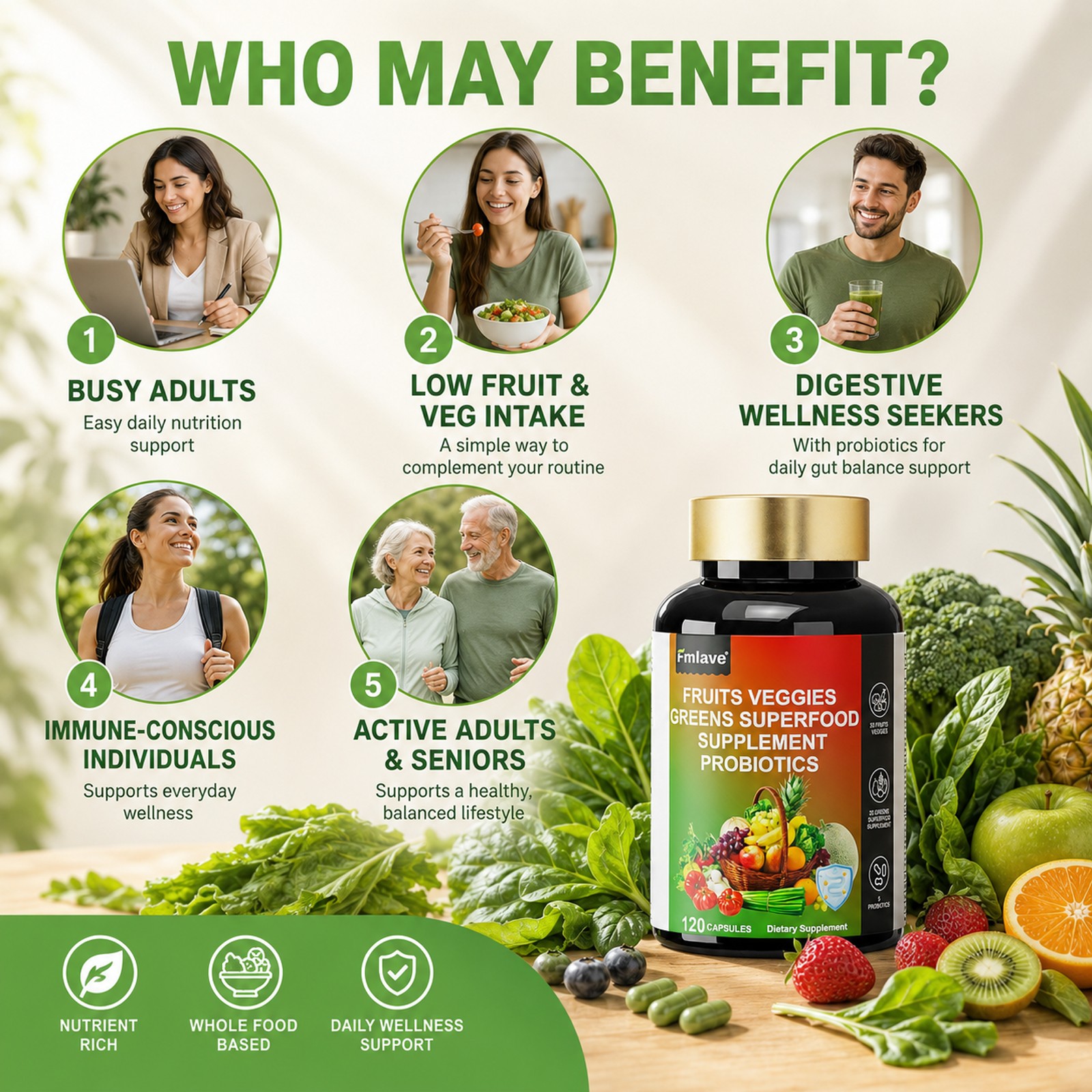 3pcs 70 Fruits and Veggies Whole Food Supplement w/ Probiotics for Gut 360 Count
