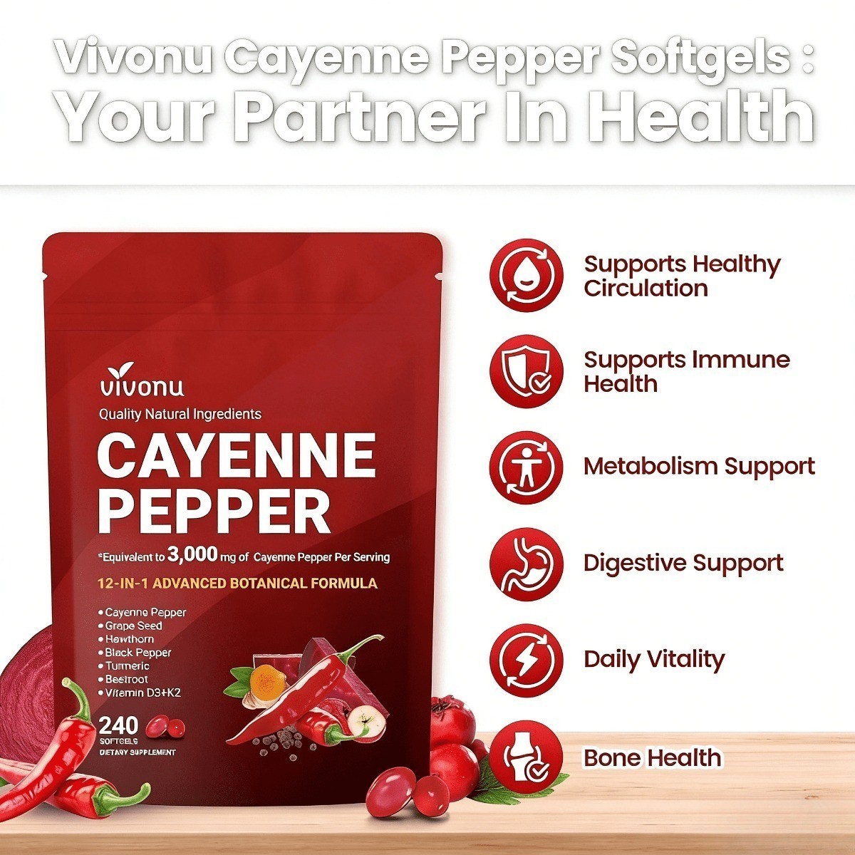 VIVONU Cayenne Pepper 240 Softgels, Heart & Vascular Health Supplement NEW