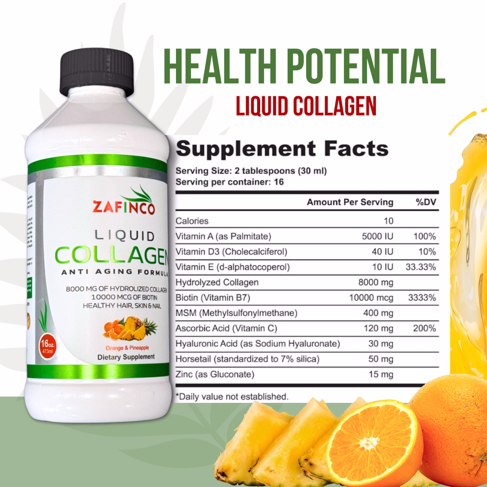 Liquid Collagen, Extra Strength Sugar Free Biotin, Orange -Pineapple 2pack