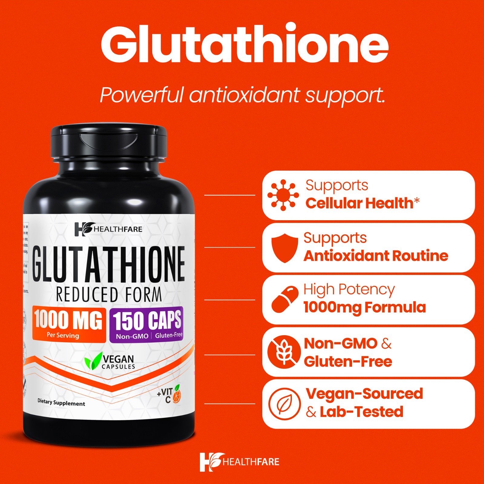 Healthfare Glutathione 1000mg GSH L-Glutathione Reduced 150 Capsules Antioxidant