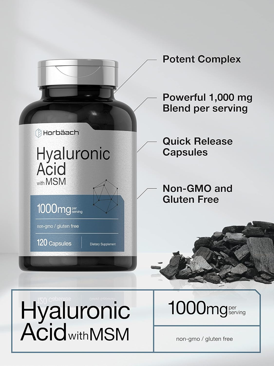 Hyaluronic Acid with MSM | 1000 mg | 120 Capsules | Non-GMO |Free Shipping