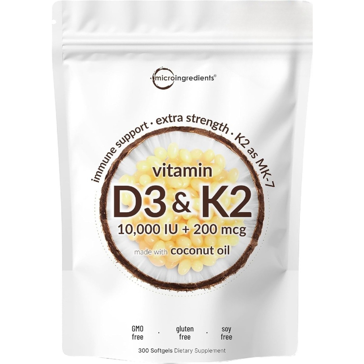 Micro Ingredients Vitamin D3 10000 IU + K2 MK7 Coconut Oil Softgels Supplement
