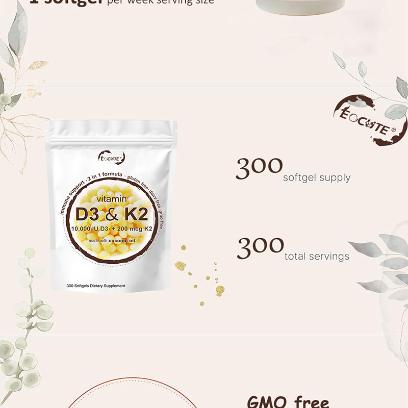 Vitamin D3 10000 iu Plus K2 (MK-7) 200 mcg coconut oil soft 180/300 capsules US