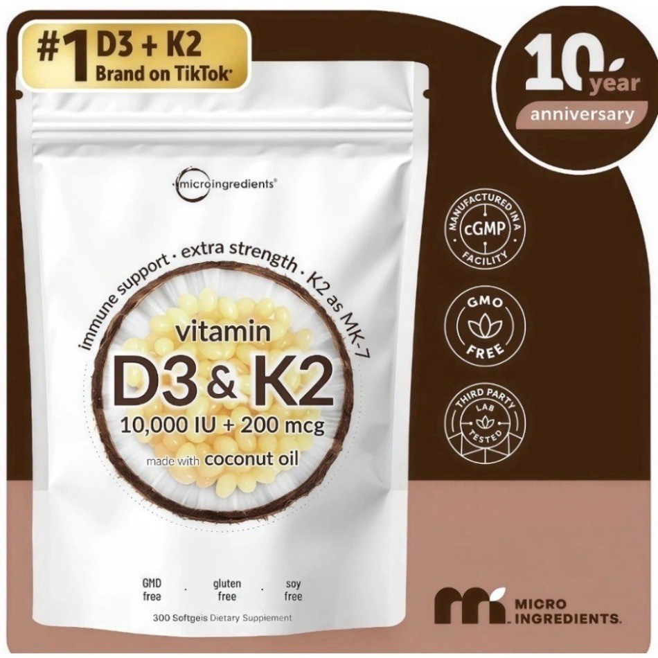 Vitamin D3 10000 IU K2 MK-7 200mcg Virgin Coconut Oil Softgels
