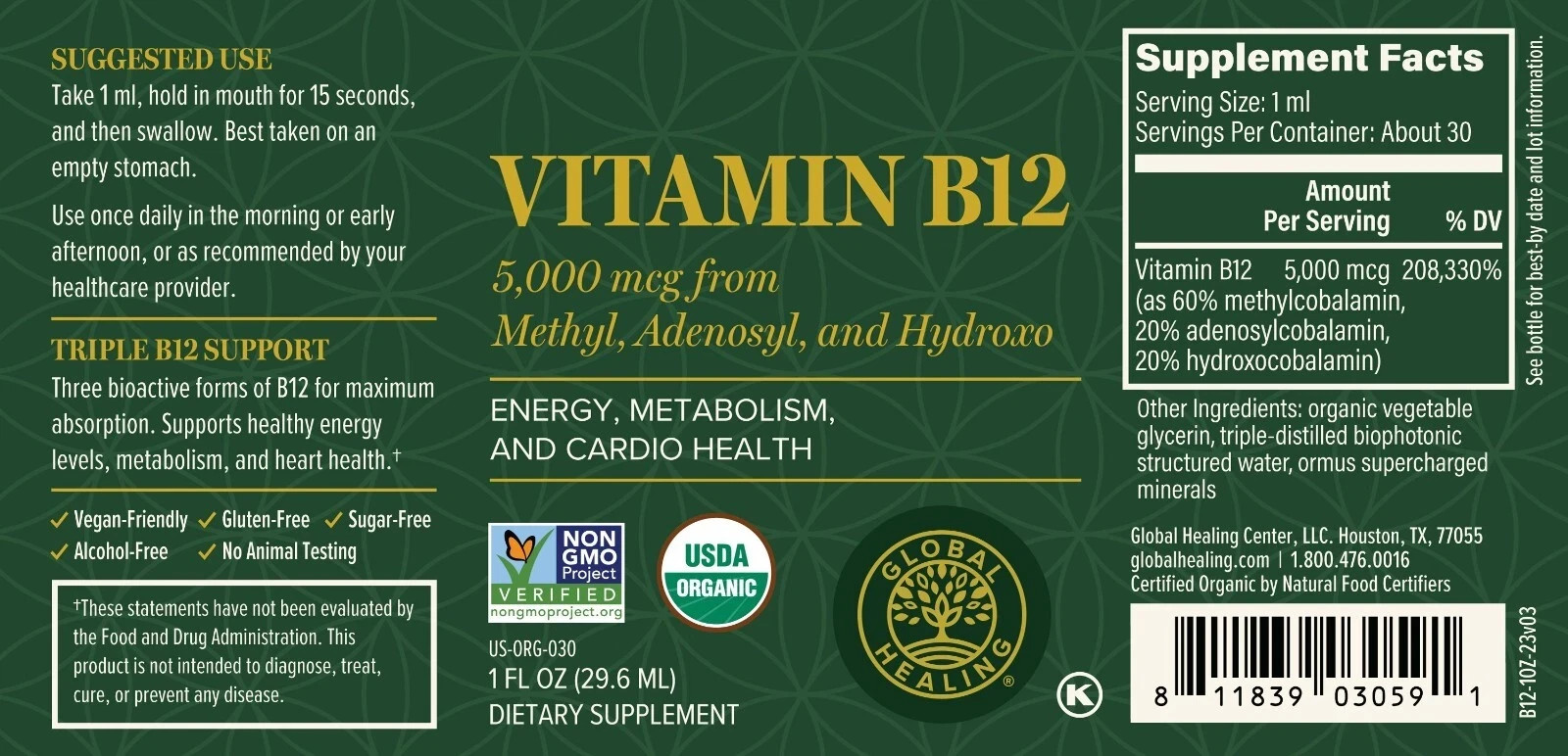 Global Healing Center B12, 5000 mcg, 3-in-1 Organic Liquid Vitamin B12, (2 Oz)