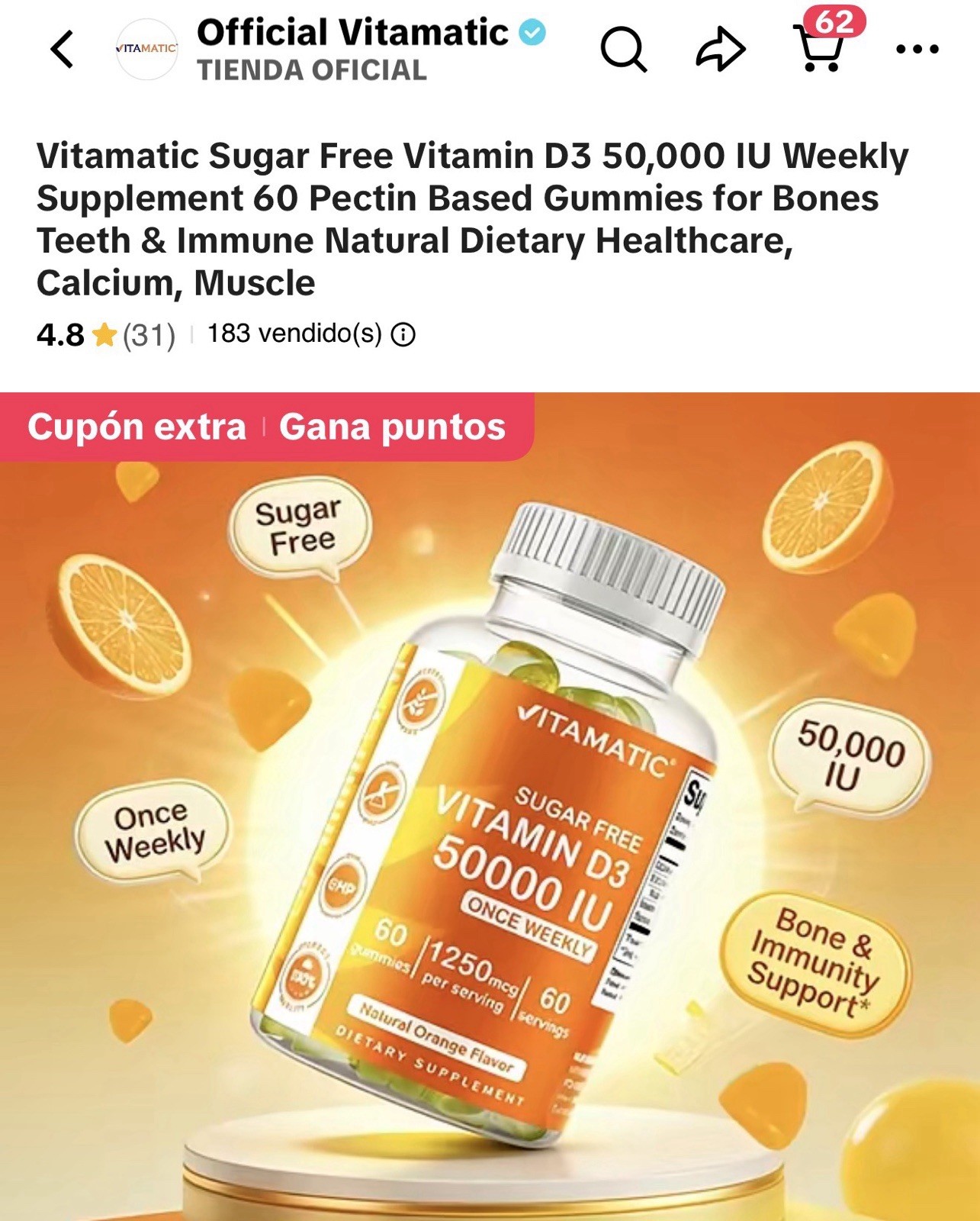 Vitamatıc Vitamin D3 50,000 IU Gummies Sugar-Free Orange Flavor 60 Ct