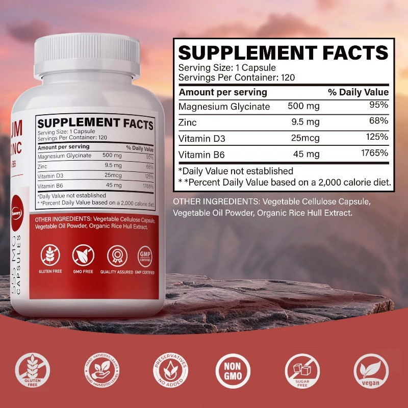 Magnesium Glycinate + Zinc 120pcs, Improves Mood, Relaxation, Muscles Recovery