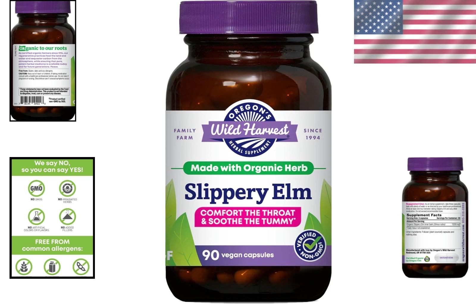 90 Count Organic Slippery Elm Capsules | Non-GMO Digestive Health Formula