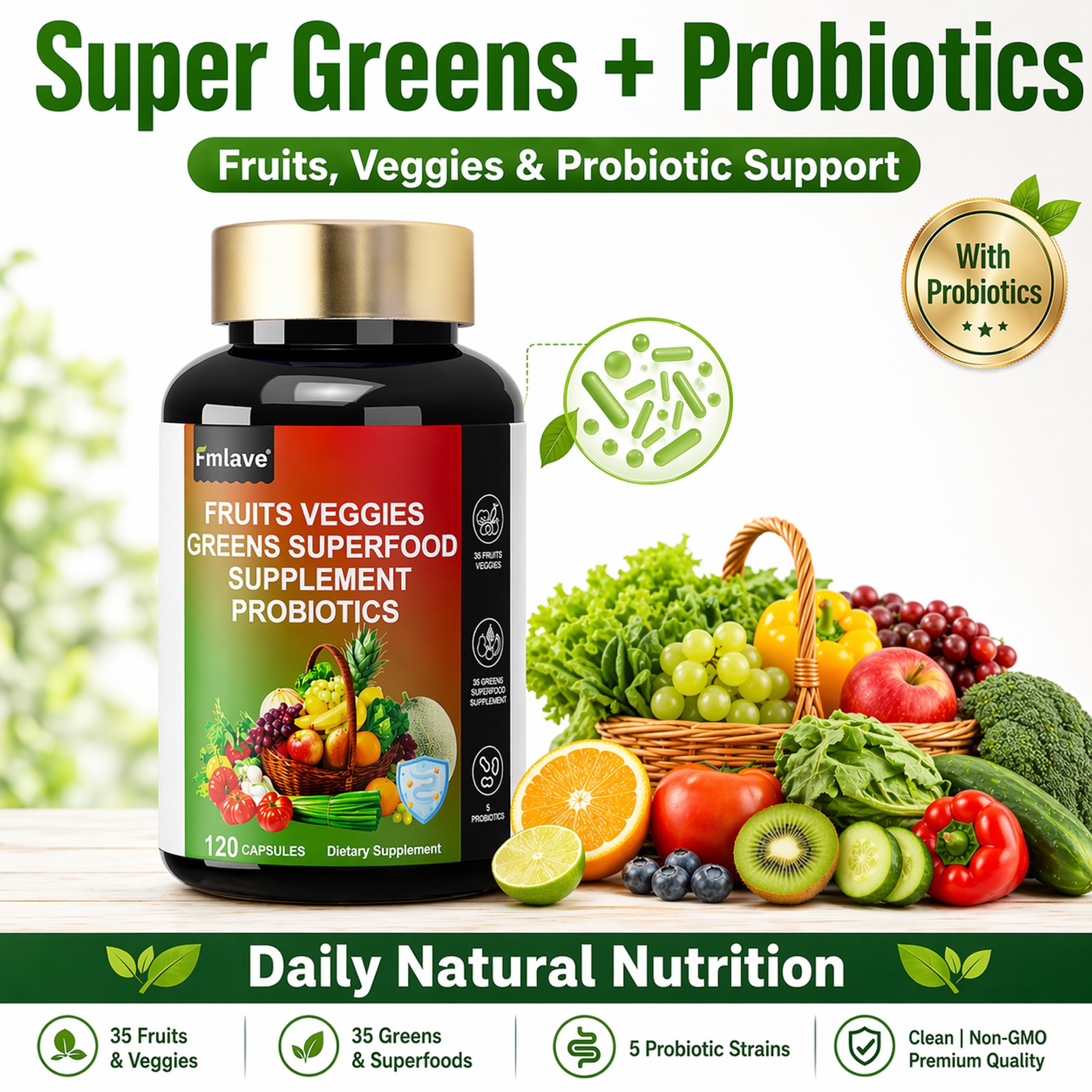 3pcs 70 Fruits and Veggies Whole Food Supplement w/ Probiotics for Gut 360 Count