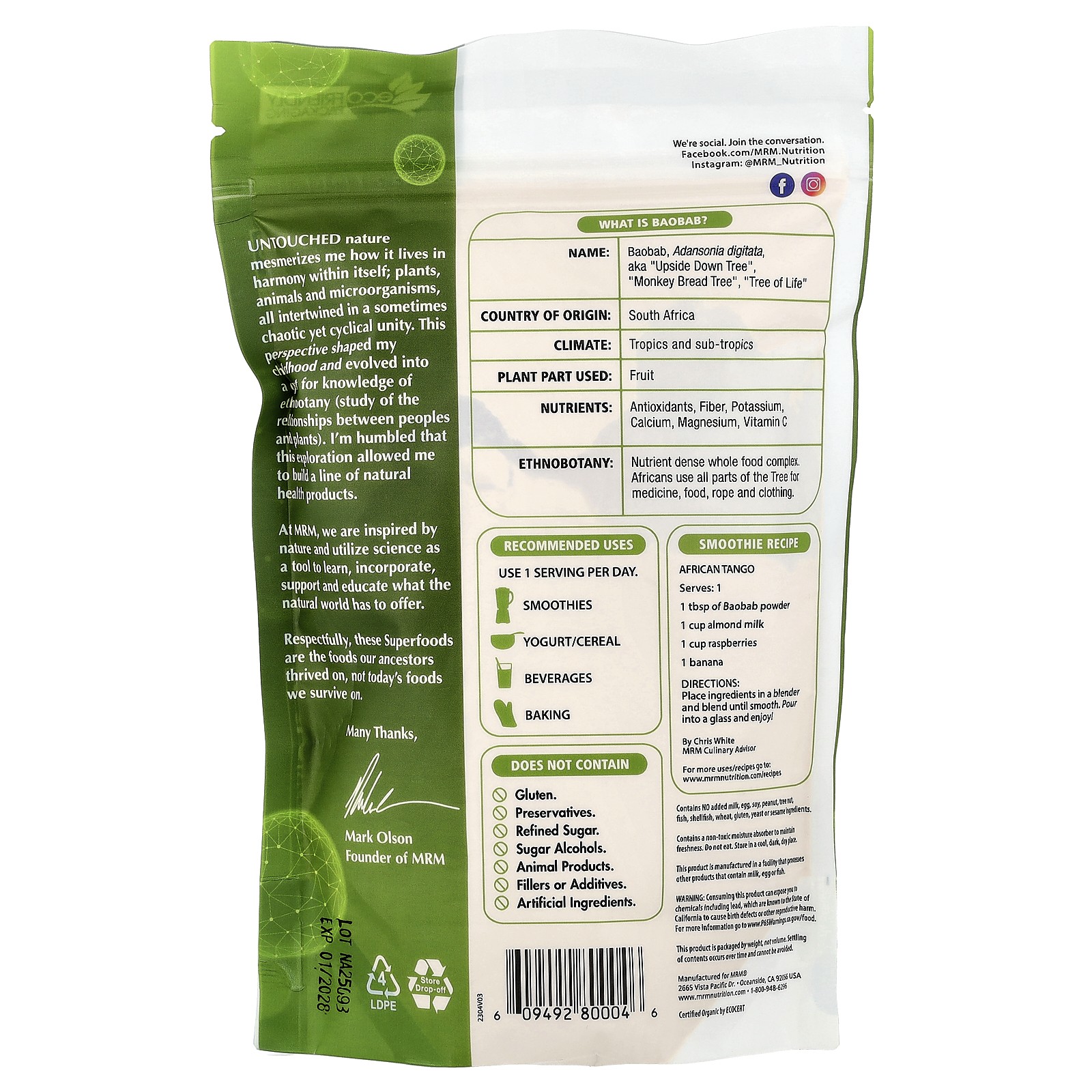 MRM Organic Baobab Powder 8 5 oz 240 g EcoFriendly, Gluten-Free, Non-GMO,