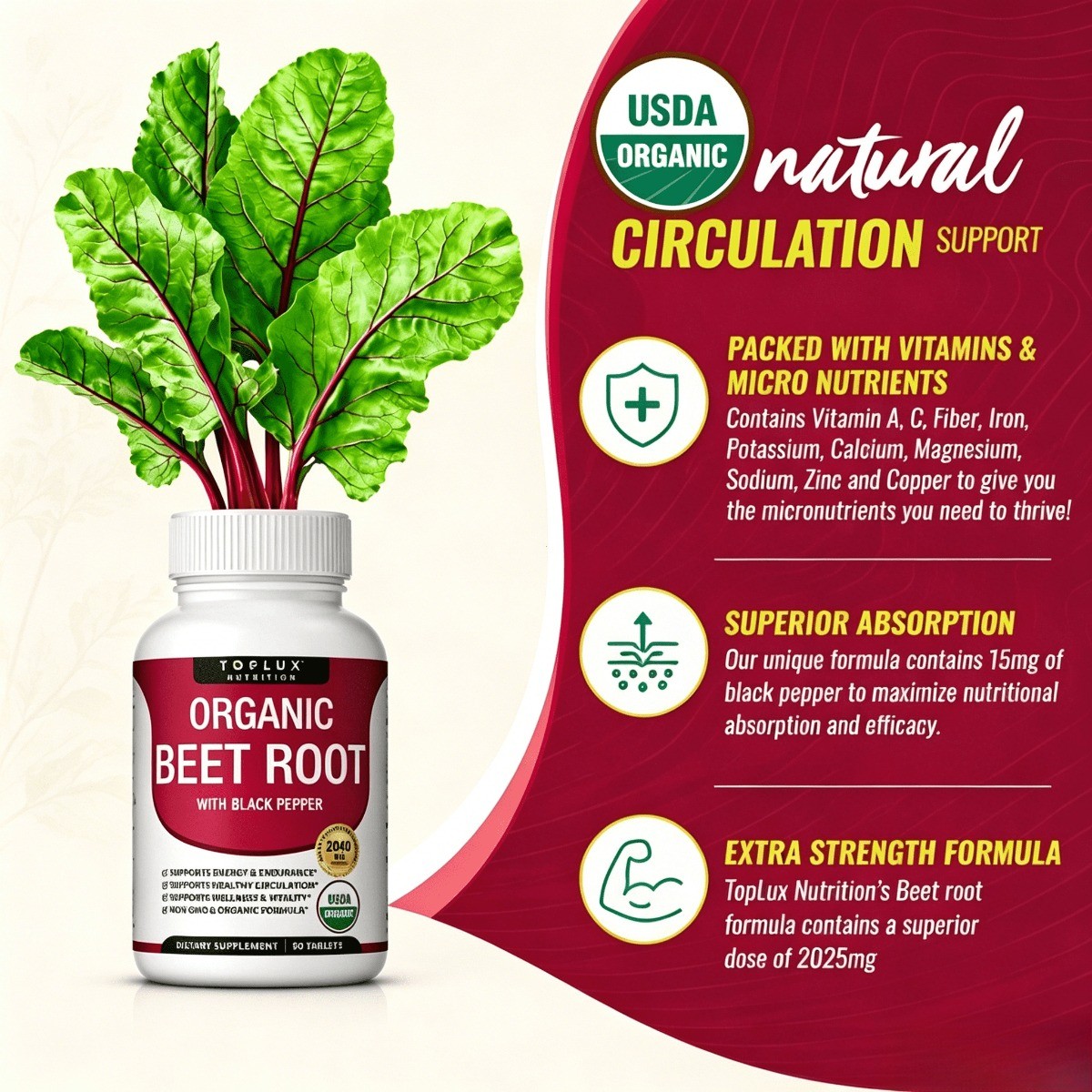 Toplux Organic Beet Root Powder Tablets – Natural Nitric Oxide Beets to Support