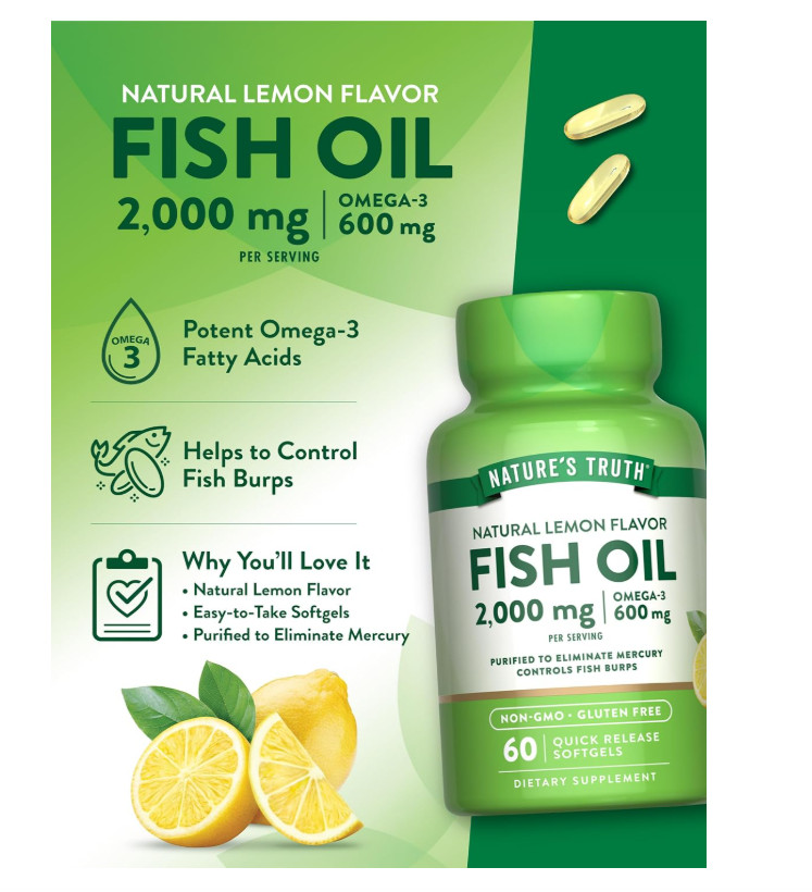 Fish Oil Omega 3 Supplement 2000mg 60 Softgels Lemon Flavor EPA DHA Non-GMO Glut