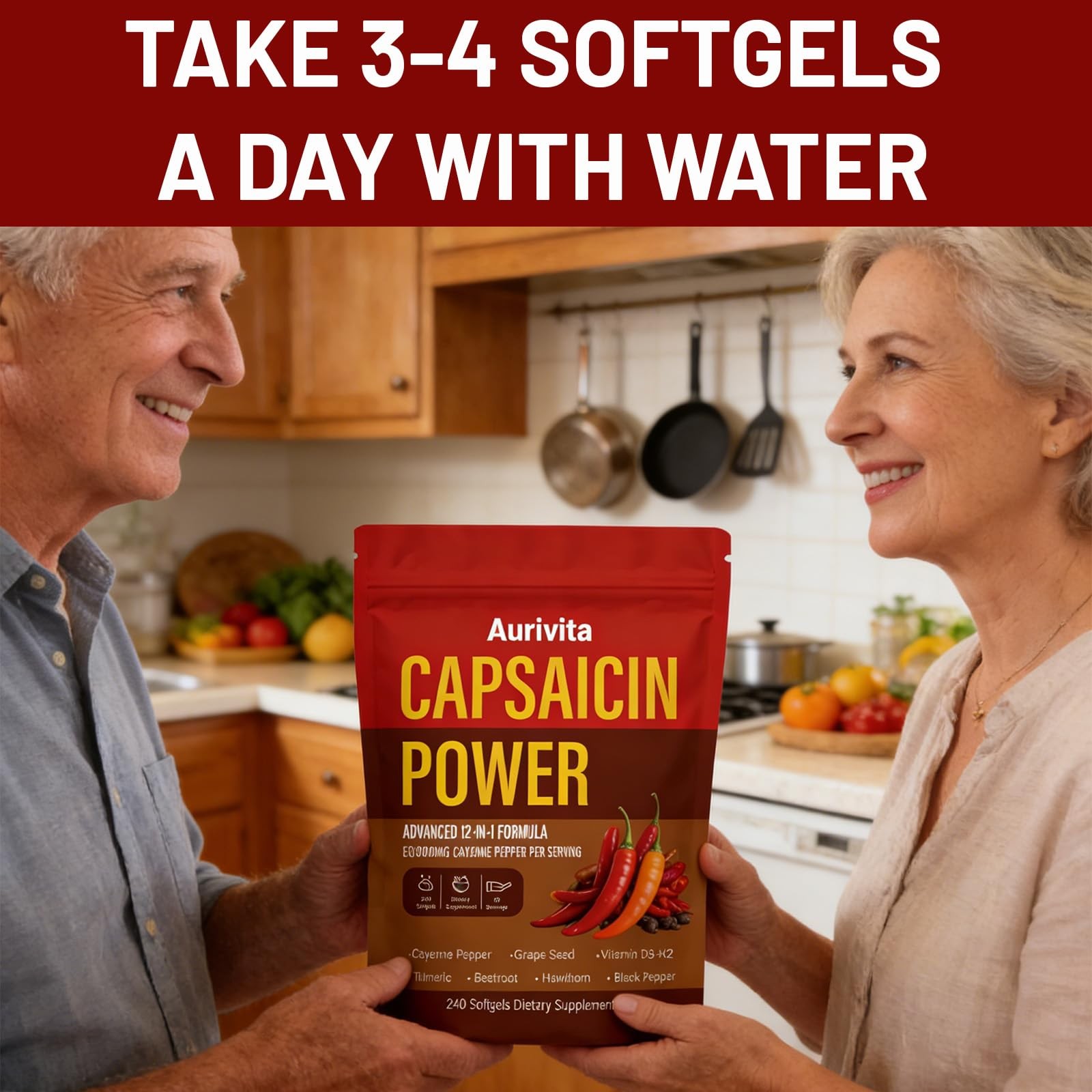 Aurivita Cayenne Capsaicin Softgels + D3, K2, Beetroot, Grape Seed 240 ct