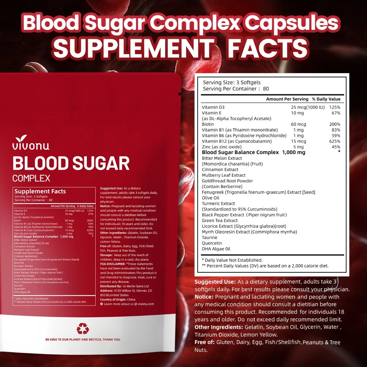 VivoNu Blood Sugar Complex Supplement with 20 Herbs and Vitamins 240 Softgels