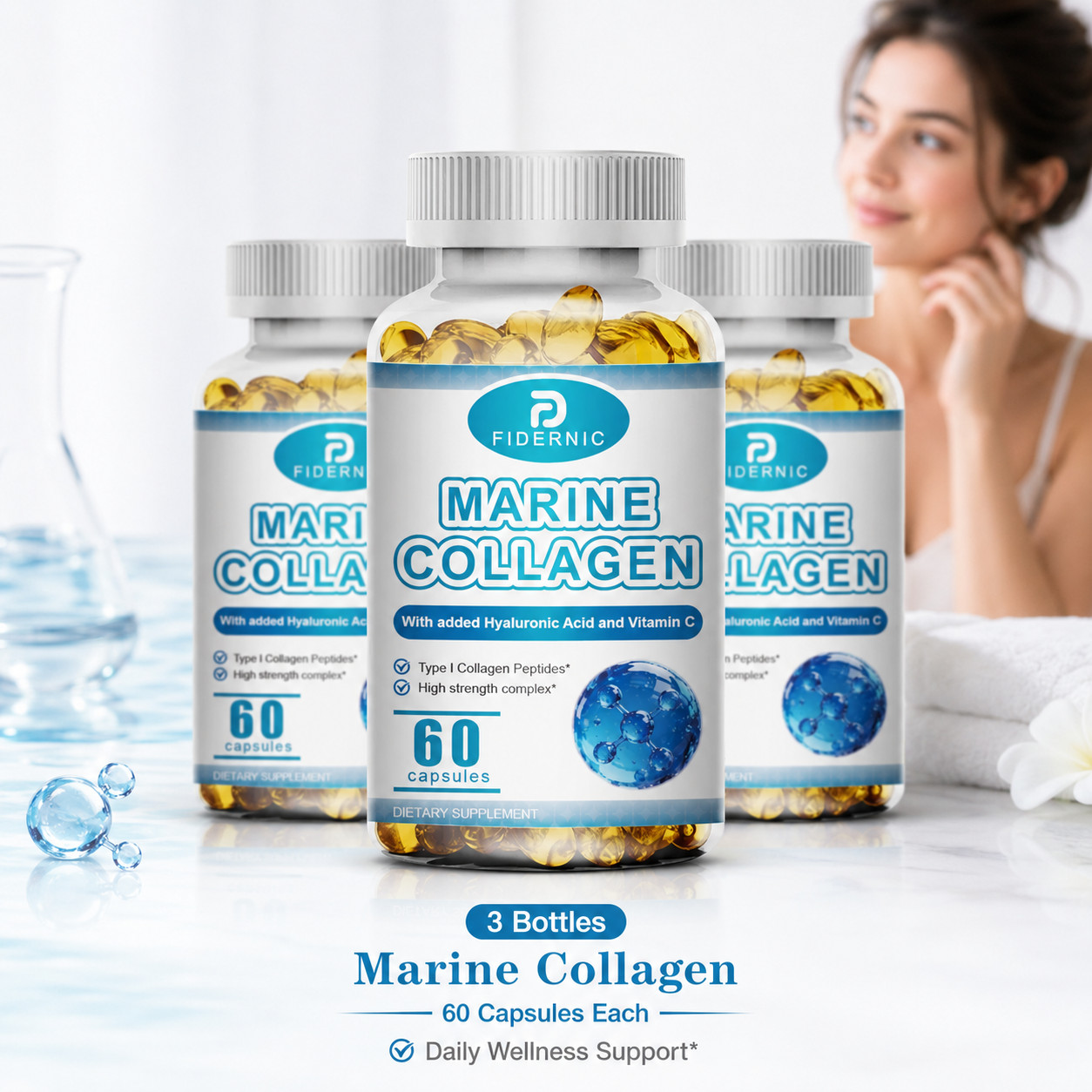 1/2/3 Bottle Marine Collagen Type I Peptides Hyaluronic Acid Vitamin C 60 Count