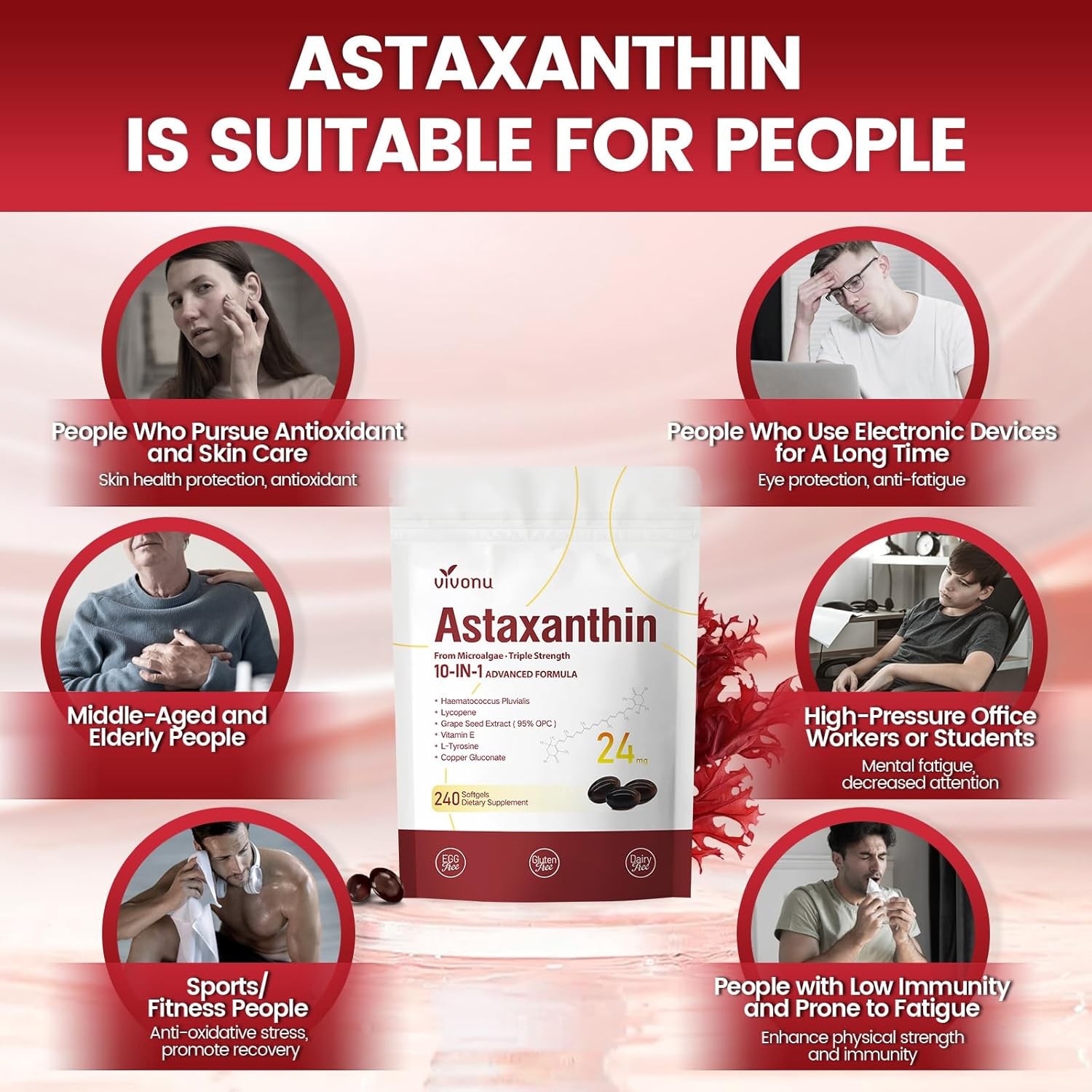 10 in 1 Astaxanthin Supplements 24Mg, 4 Month Supply, Astaxantina Antioxidant fr