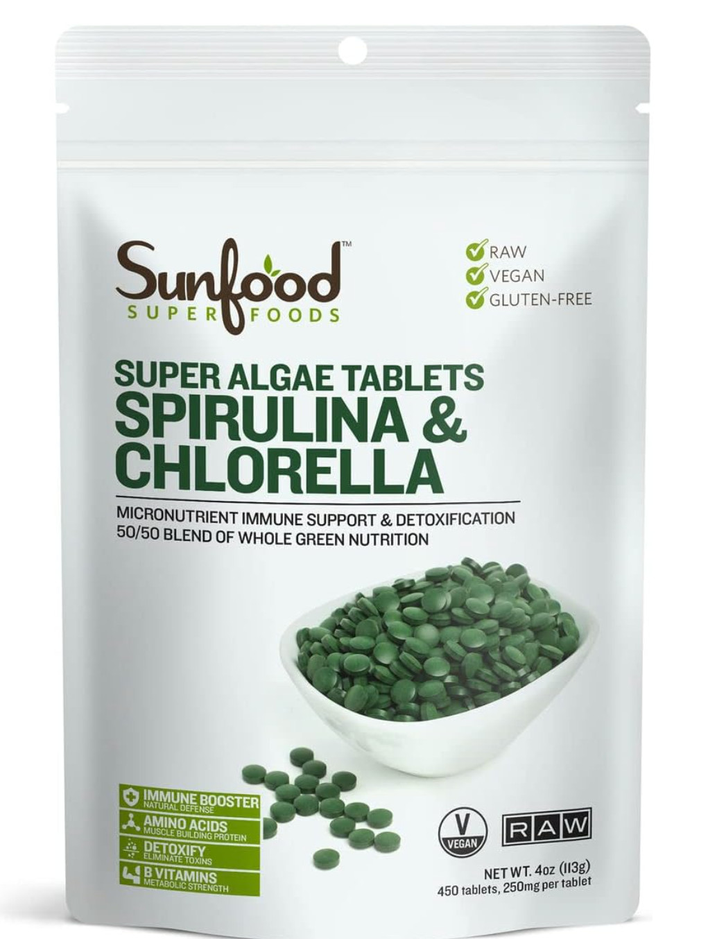 Sunfood Superfoods Chlorella Spirulina Tablets Vegan 4 oz Broken Cell Wall (80)