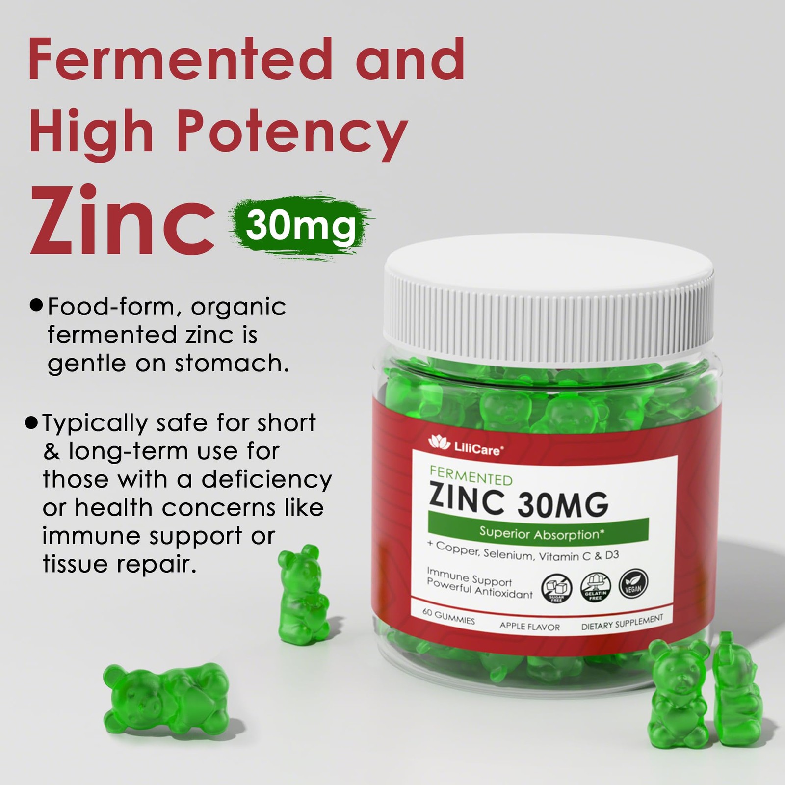Zinc Gummies + Copper, Selenium, Vitamin C & D3, 60 Count (Pack of 1)