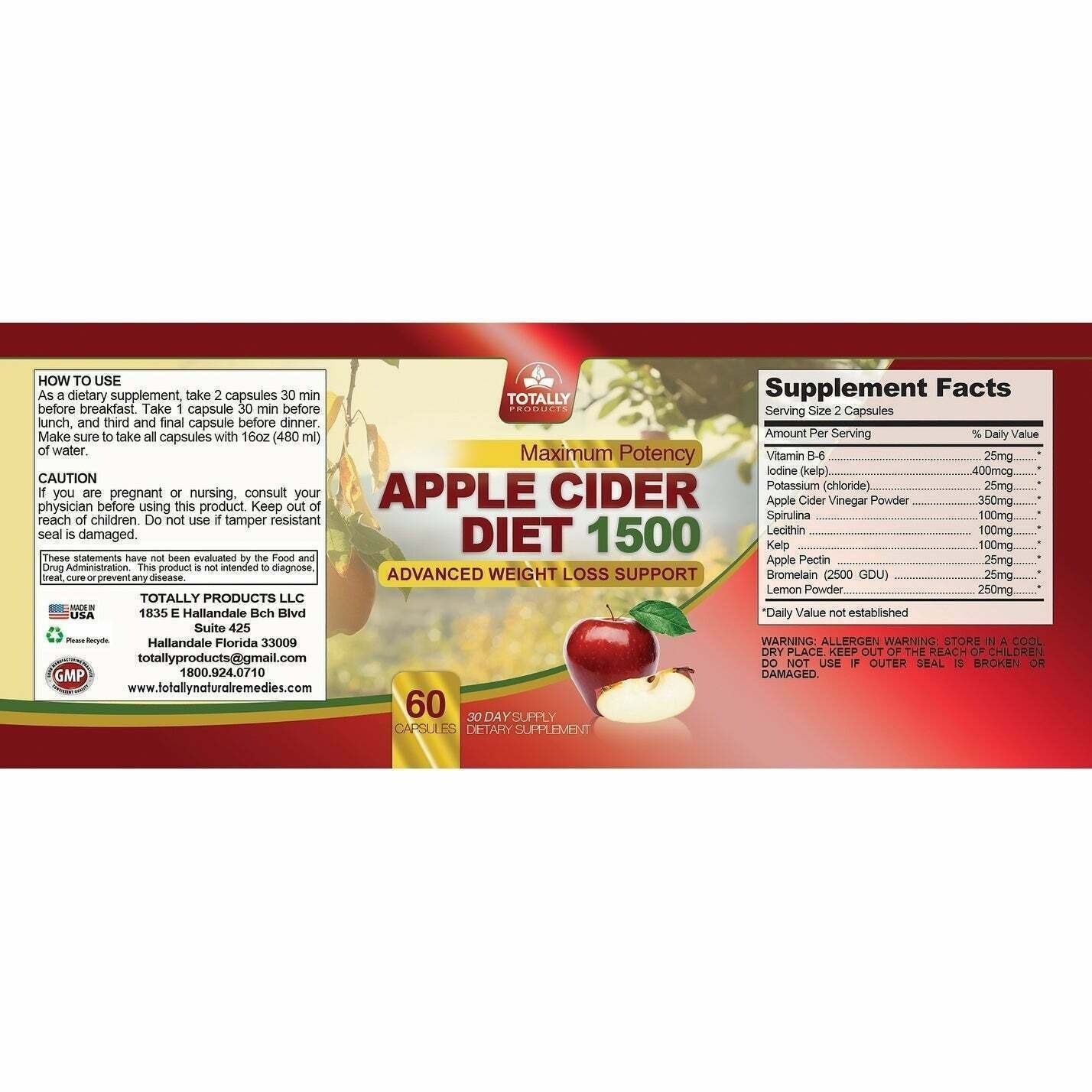Adrenal Support Energy Dietary Supplement Apple Cider Vinegar Weight Management