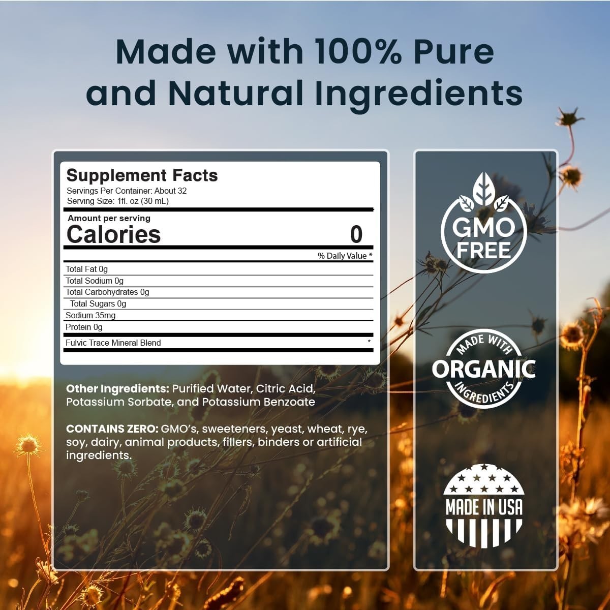 Organic Fulvic Humic Liquid Mineral Blend – 72+ Plant-Based Nutrients, 32 fl oz