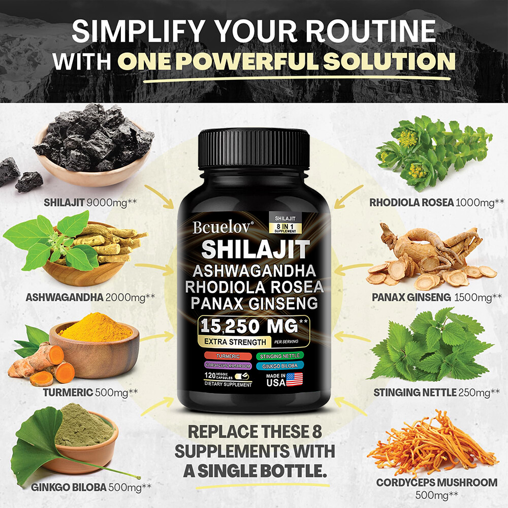 Shilajit Pure Himalayan 9000MG Energy Booster Ashwagandha 2000MG 30/60/120 Caps