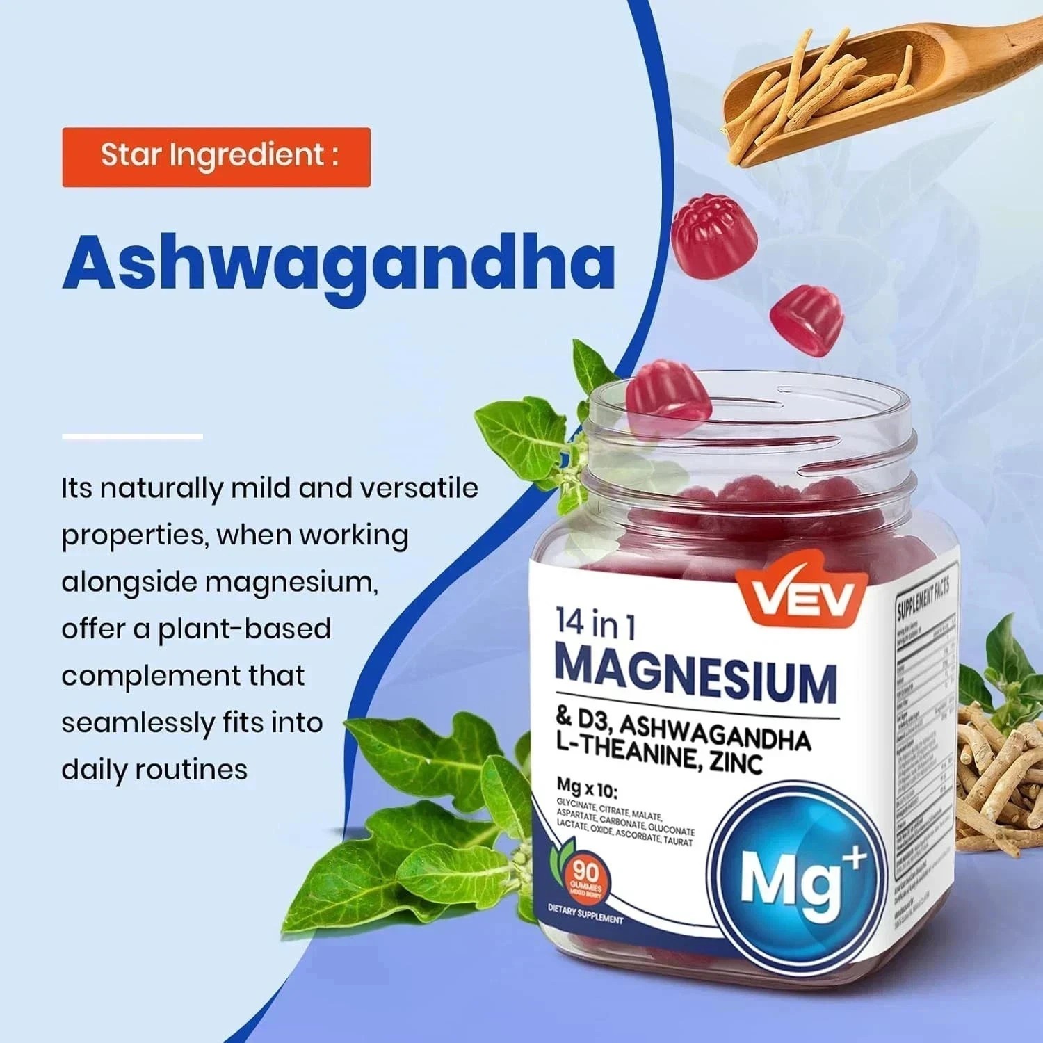 2-Pack VEV 14-in-1 Magnesium Gummies – 10 Mg Types + D3, Ashwagandha – 90 Ct