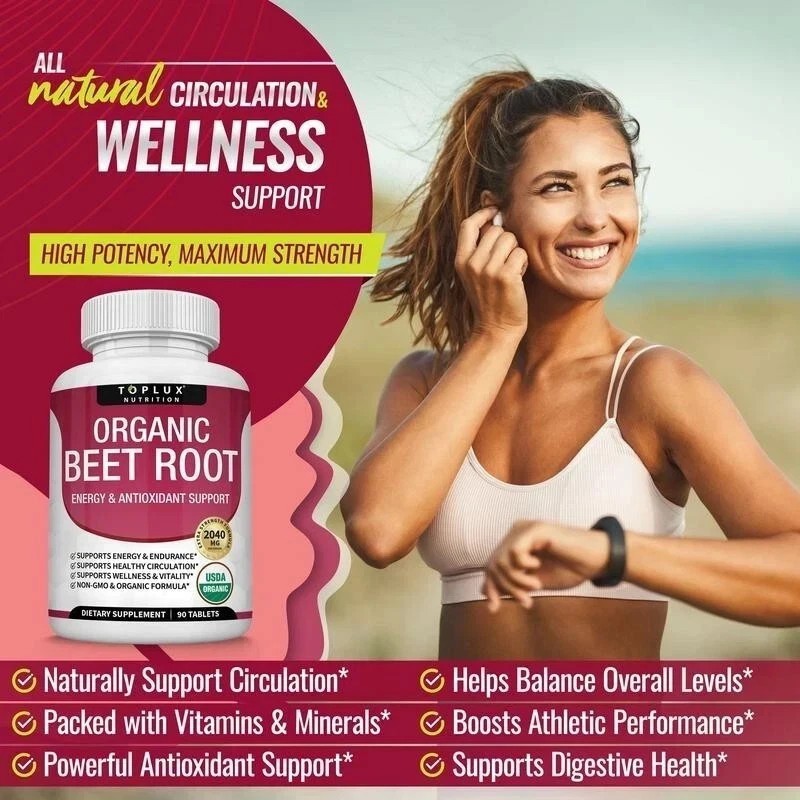 Toplux Organic Beet Root Tablet 2040mg Nitric Oxide Boosting Beetroot Supplement