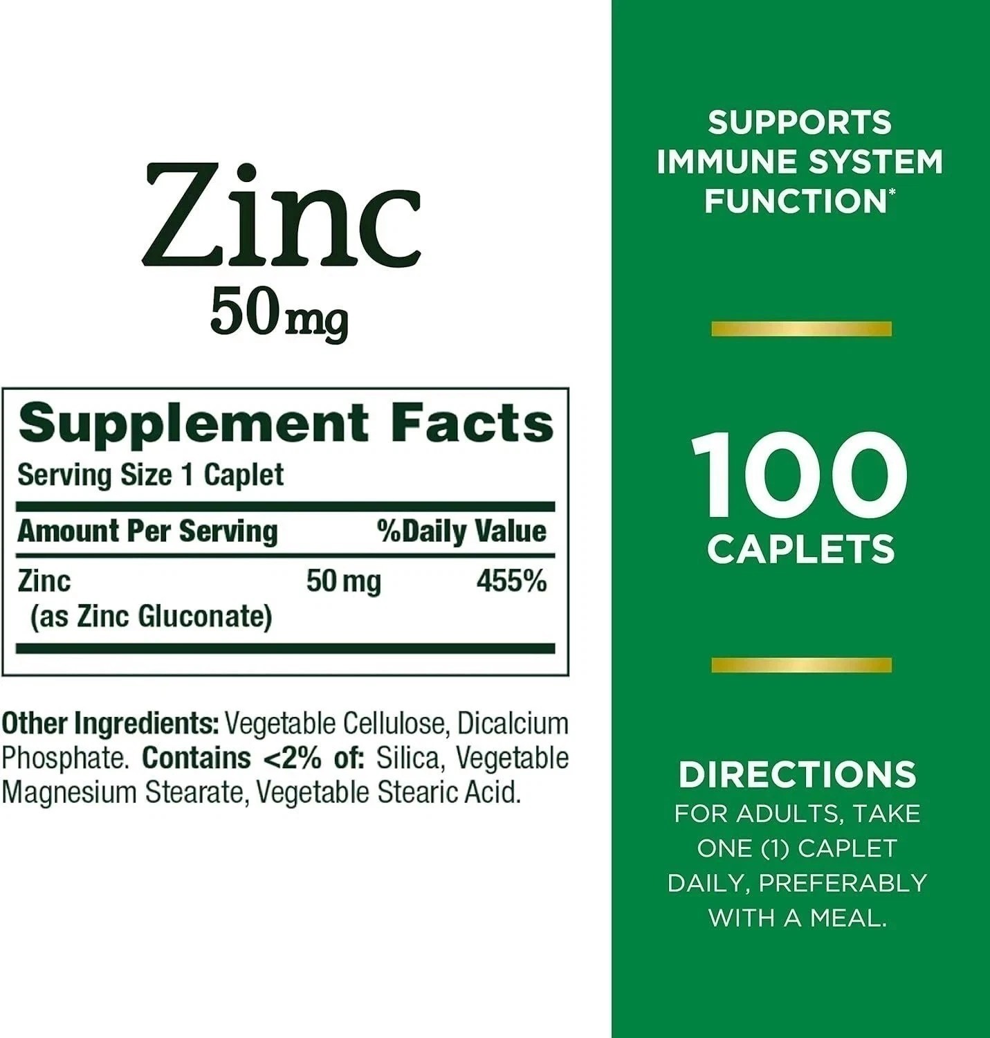 Zinc, Supports Immune System Function, Dietary Supplement, 50 Mg, Caplets, 100 C