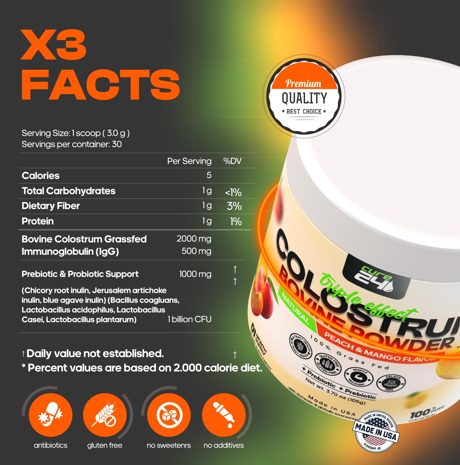 Cure24 Bovine X3 Colostrum Supplement Powder for Humans, 100% Pure Whole…