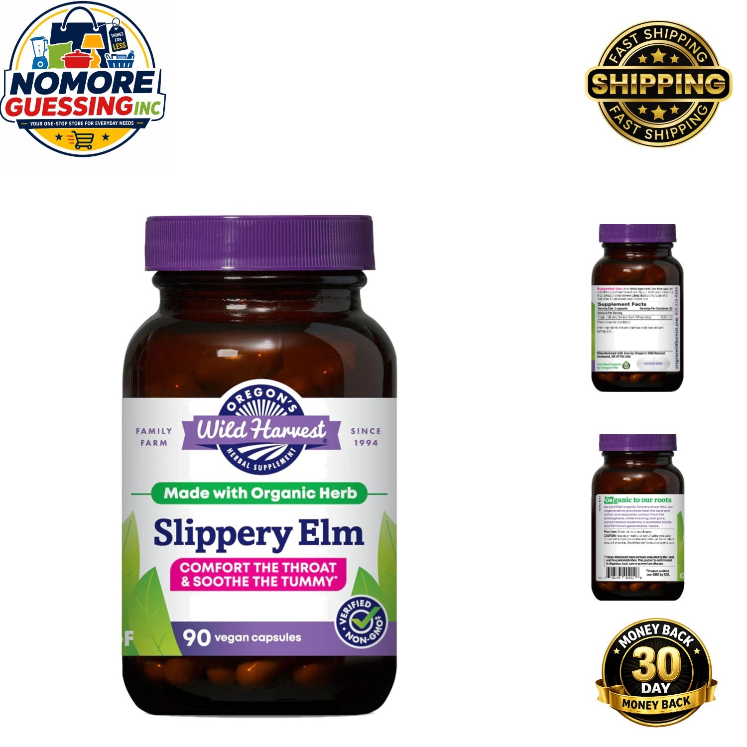 90 Count Organic Slippery Elm Capsules | Non-GMO Digestive Health Formula