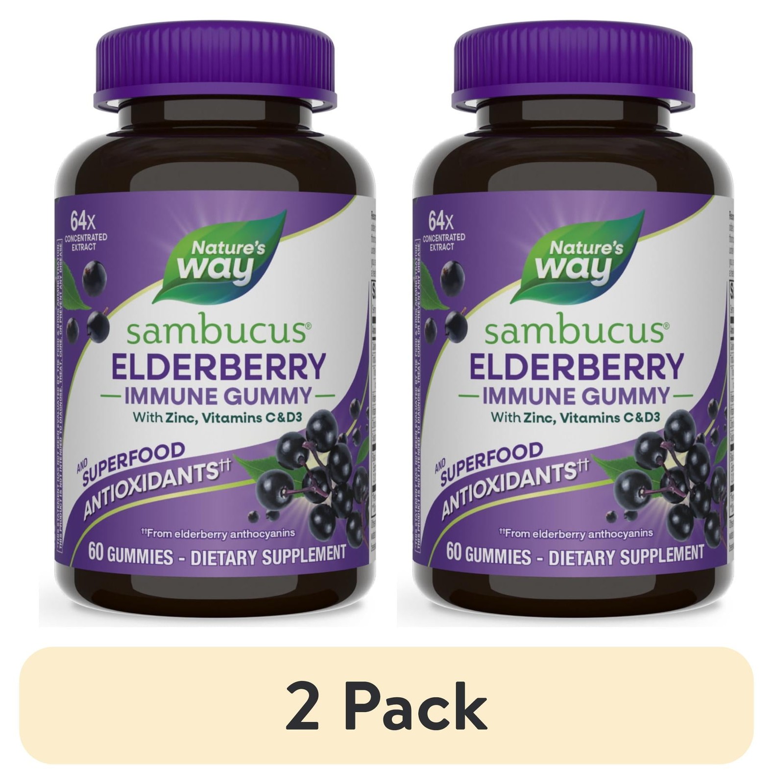 (2 pack)Sambucus Elderberry Immune Gummies, with Vitamins C, D3, & Zinc, Unisex