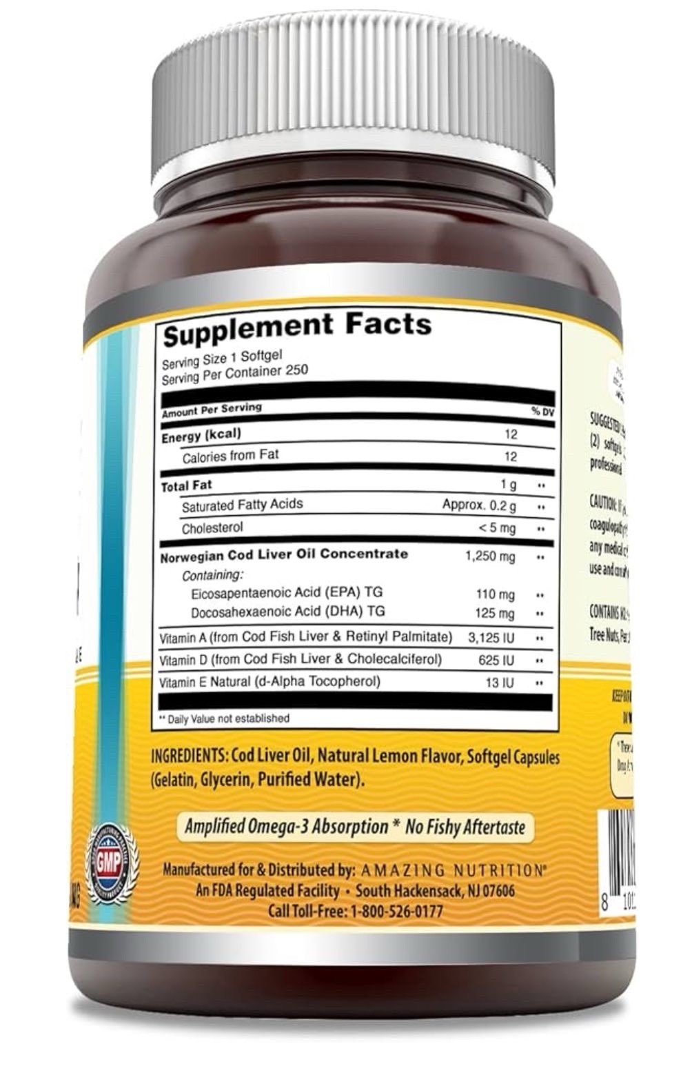 Amazing Norwegian Cod Liver Oil 1250mg Omega 3 250 softgels fresh Lemon Flavor