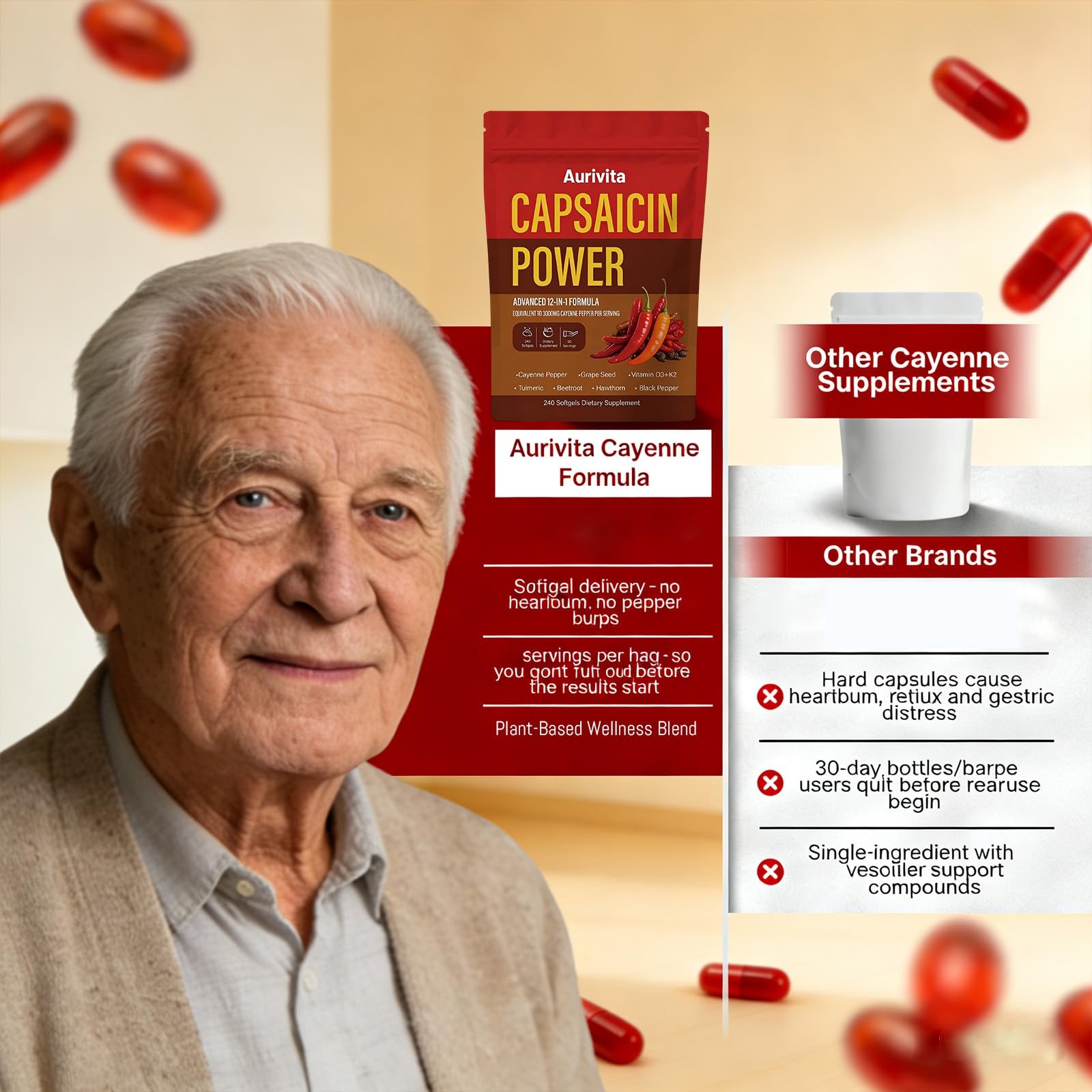 Aurivita Cayenne Capsaicin Softgels + D3, K2, Beetroot, Grape Seed 240 ct