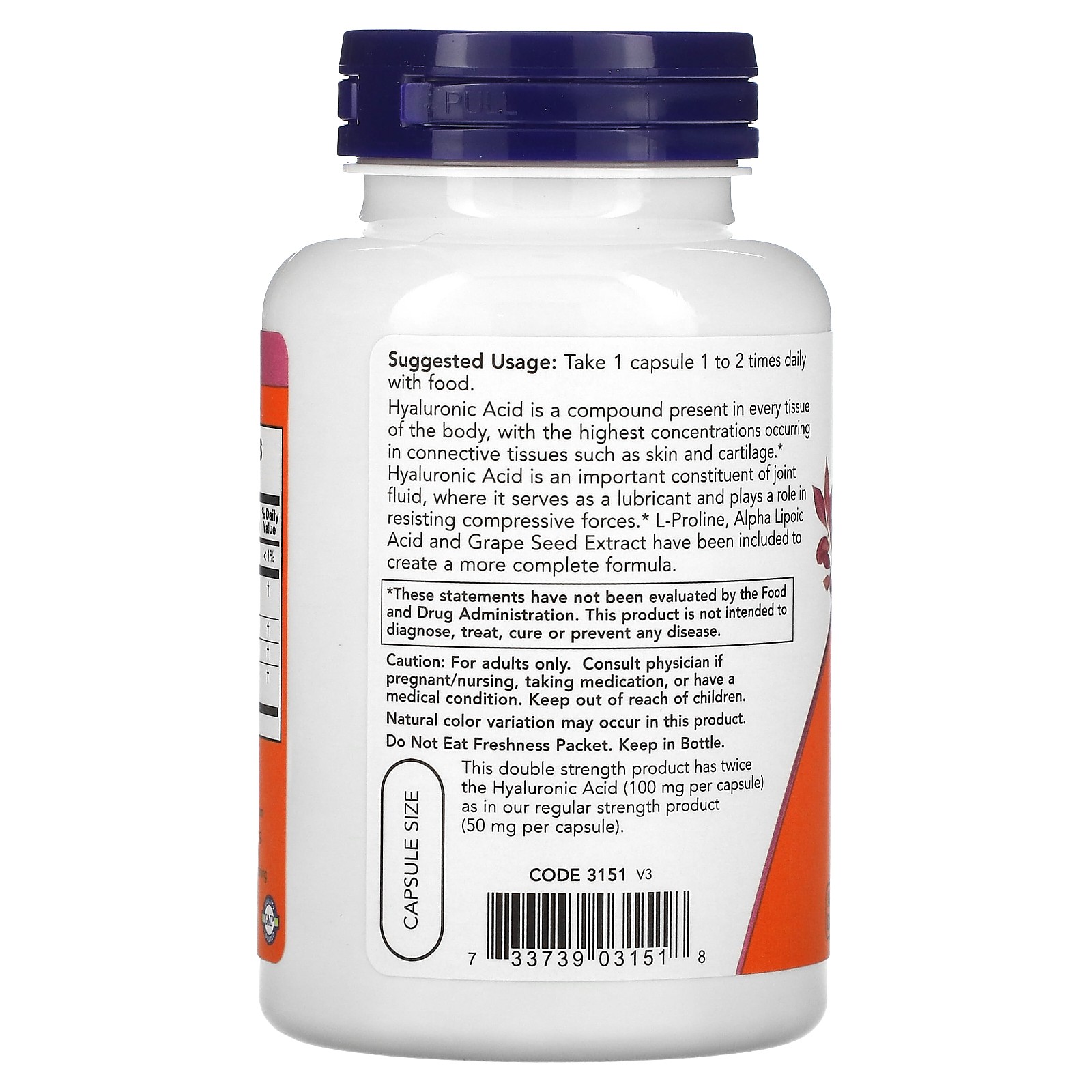 Now Foods Hyaluronic Acid Double Strength 100 mg 120 Veg Capsules GMP Quality