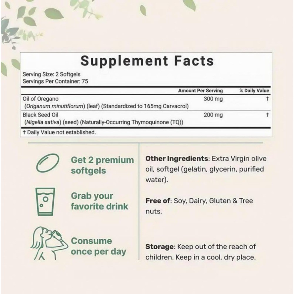 2 in 1 Oil of Oregano & Black Seed Softgels Count,Immune Support,with Carvacrol