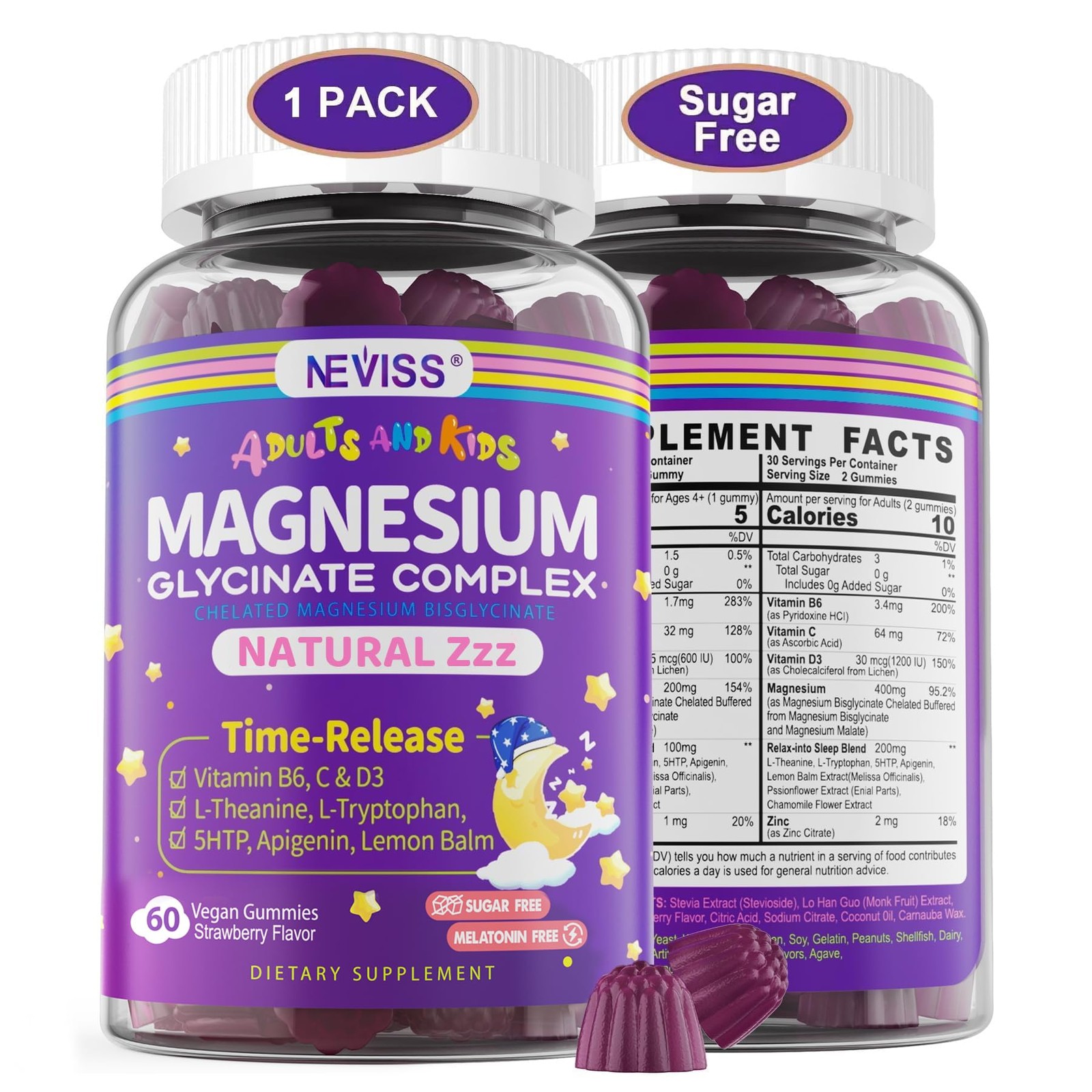 Magnesium Glycinate Gummies for Adults & Kids 4+, Sugar 60 Count (Pack of 1)
